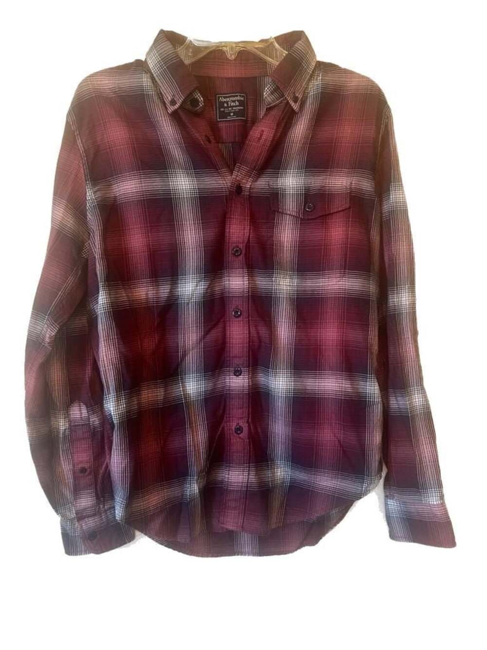 Abercrombie & Fitch Men's Medium Burgundy Ombre Plaid Flannel Button Down Shirt
